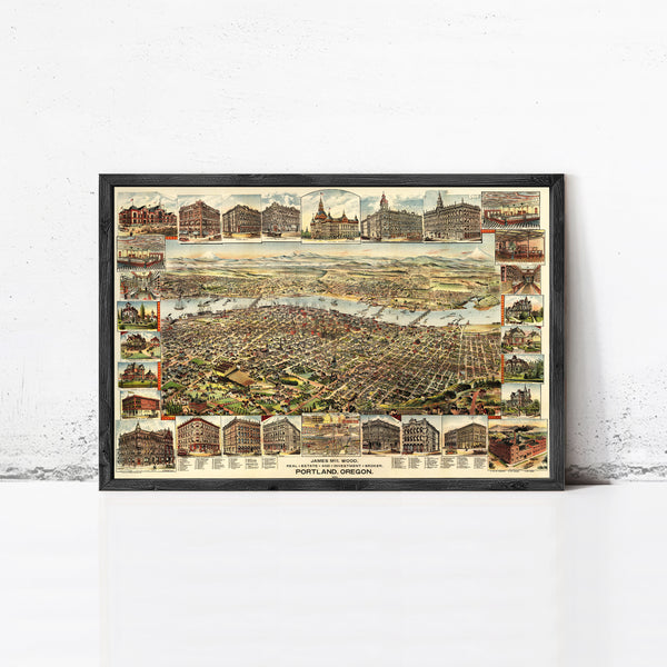 Old Map Portland Oregon 1892 Panoramic View Vintage | Vintage Map Wall Art Print