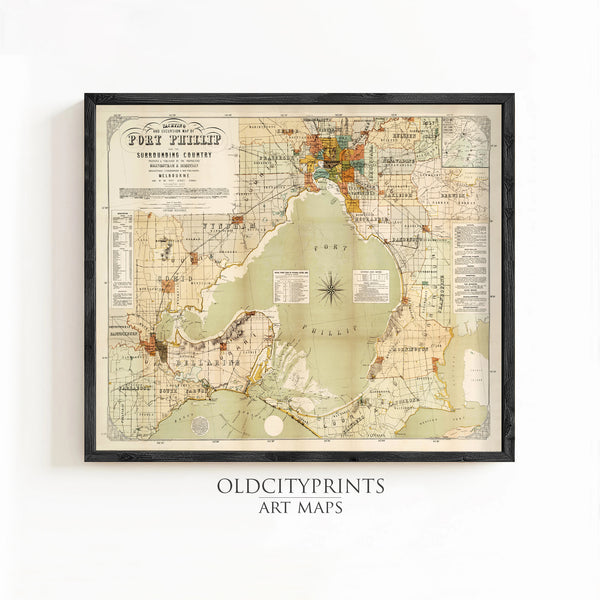 Vintage map of Port Phillip and Melbourne bay, Australia 1886  | Vintage Map Wall Art Print