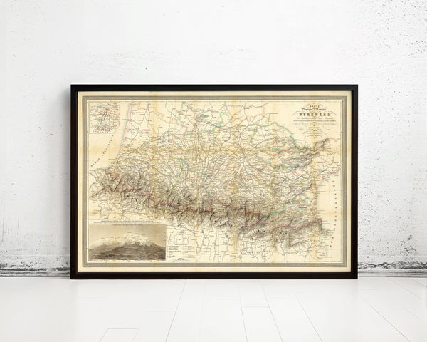 Old Map of Pyrenees Pirineus 1851 France Spain Vintage Map | Vintage Map Wall Art Print