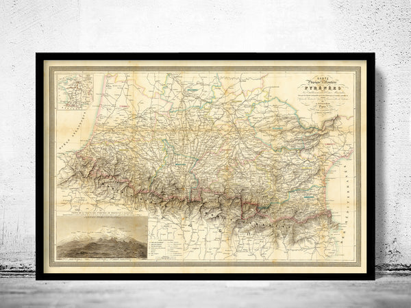 Old Map of Pyrenees Pirineus 1851 France Spain  | Vintage Poster Wall Art Print |