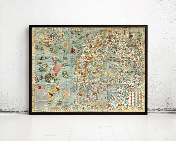 Old Vintage Map of Norway Sweden Scandinavia Antique Norwegen 1529 Olaus Magnus' detailed map of Scandinavia Wall Map Print