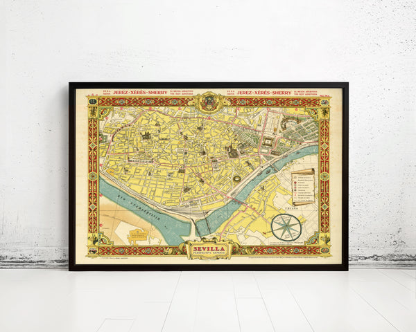 Old Map of Seville Sevilla Spain 1950 Vintage Map | Vintage Map Wall Art Print