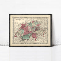 Old Map of Switzerland Antique Schweiz 1865 | Vintage Map Wall Art Print
