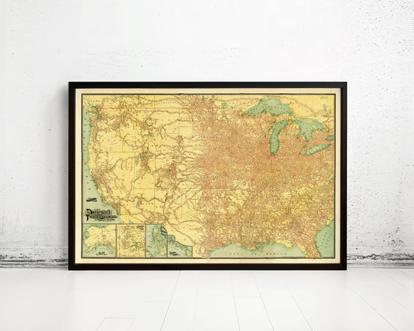 Vintage Railway Guide Map of United States America 1907 Old Railway lines and stations USA