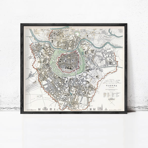 Old Map of Vienna Wien with gravures Austria 1833 Vintage  | Vintage Map Wall Art Print