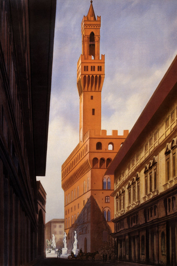 Tall brick tower with a clock face in an urban setting
