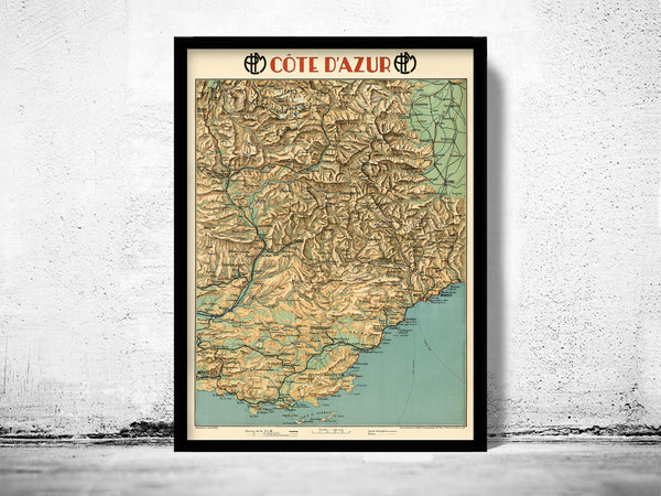 Old Map of Cote D Azur France 1928 Vintage Map  | Vintage Poster Wall Art Print |