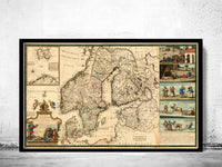 Old Map of Sweden and Denmark 1720  | Vintage Poster Wall Art Print |