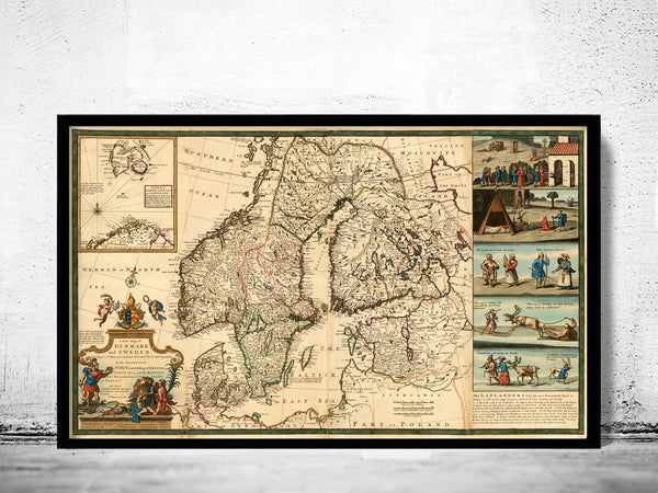 Old Map of Sweden and Denmark 1720  | Vintage Poster Wall Art Print |