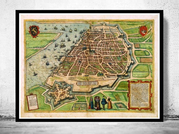 Old Map of Antwerp Anvers Belgium 1572  | Vintage Poster Wall Art Print |