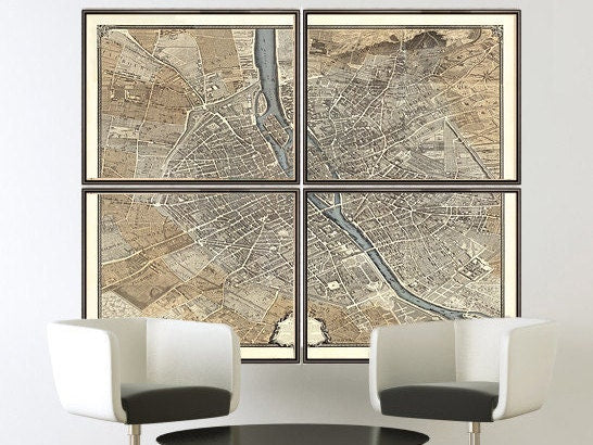 Old Map of Paris Turgot Map 1739 (four pieces)  | Vintage Poster Wall Art Print |