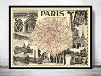 Old Map of Paris Guide 1937 Vintage Map | Vintage Poster Wall Art Print |