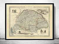 Old Map of Hungary 1851  | Vintage Poster Wall Art Print |