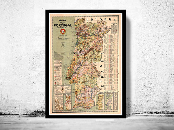 Old Map of Portugal Mapa de Portugal, Portuguese map  | Vintage Poster Wall Art Print |