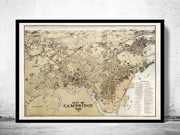 Old Map of Cambridge Massachusetts 1877 Panoramic View  | Vintage Poster Wall Art Print |