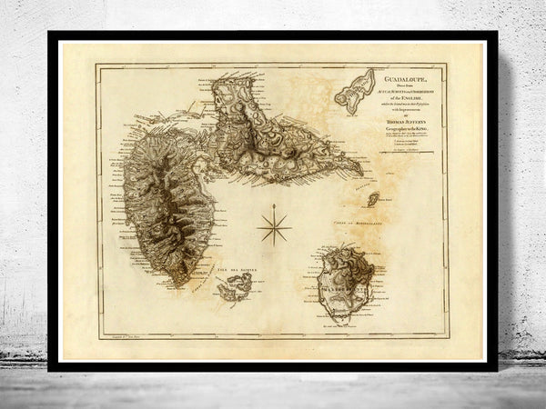 Old Map of Guadeloupe 1775  | Vintage Poster Wall Art Print |