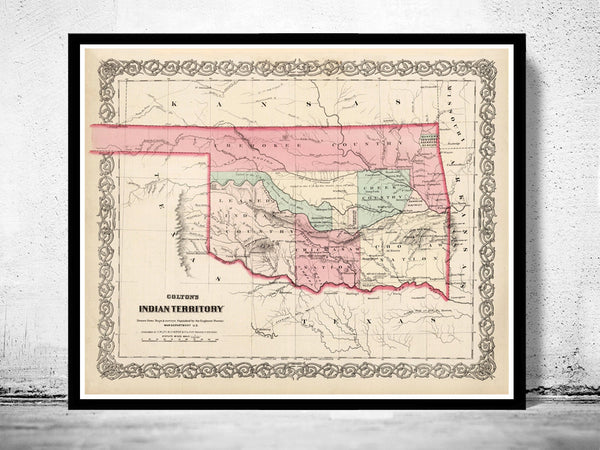 Old Map Oklahoma Indian Territory 1869 United States of America  | Vintage Poster Wall Art Print |