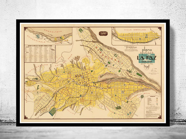 Old Map of La Paz Bolivia  | Vintage Poster Wall Art Print |