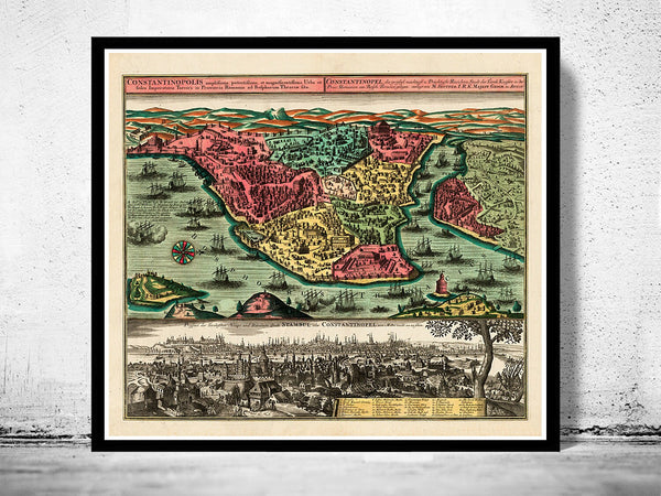 Old Constantinople Istanbul Panoramic View 1730 Vintage Map  | Vintage Poster Wall Art Print |