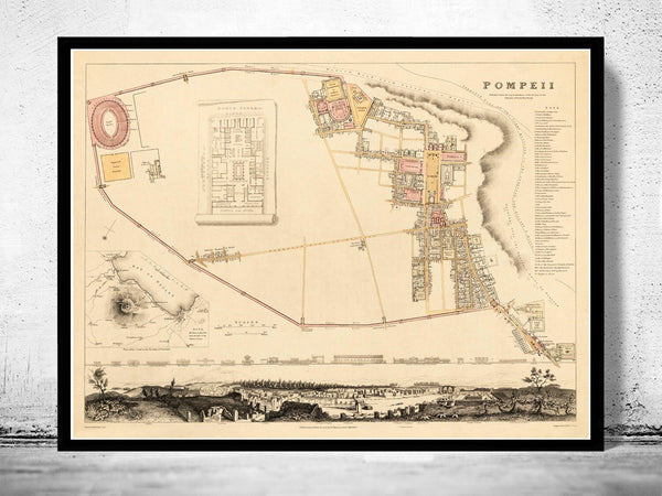 Old Map of Pompeii 1832 Antique Vintage Italy