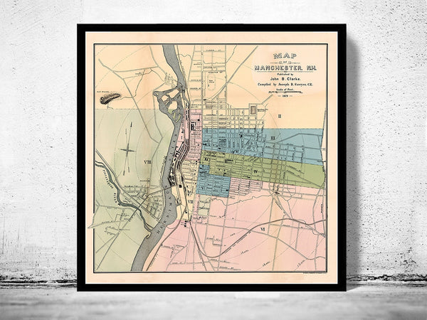 Vintage map of Manchester New Hampshire 1876  | Vintage Poster Wall Art Print |