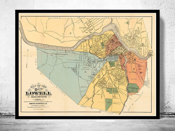 Old Map of Lowell Massachusetts 1881 Vintage map  | Vintage Poster Wall Art Print |