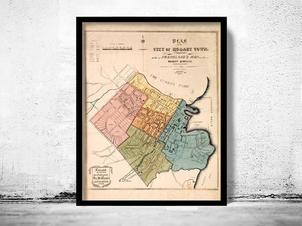 Old map of Hobart Australia 1854  | Vintage Poster Wall Art Print |