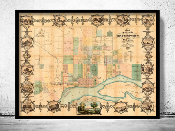 Old map of Davenport Iowa 1857  | Vintage Poster Wall Art Print |