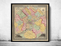 Old Map of Philadelphia and environs 1847  | Vintage Poster Wall Art Print |