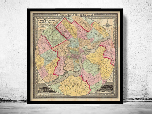 Old Map of Philadelphia and environs 1847  | Vintage Poster Wall Art Print |