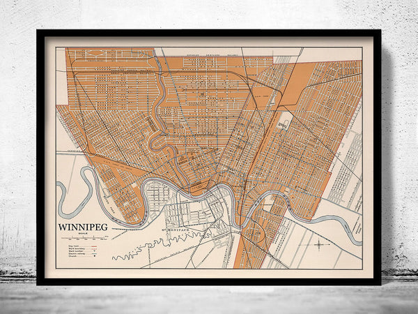 Old Map of Winnipeg Canada 1915  | Vintage Poster Wall Art Print |