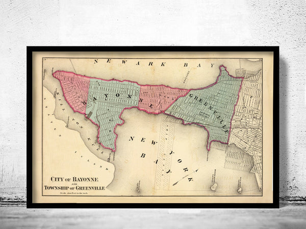 Old Map of Bayonne New Jersey 1872  | Vintage Poster Wall Art Print |