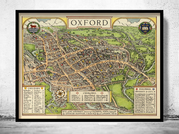 Old Map of Oxford England United Kingdom  | Vintage Poster Wall Art Print |