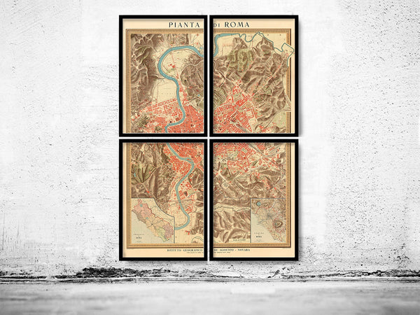 Old Map of Rome Italy 1910 (4 pieces)  | Vintage Poster Wall Art Print |