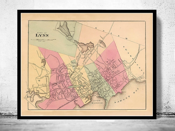 Old Map of Lynn 1871 Massachusetts Vintage Map of Lynn | Vintage Poster Wall Art Print |