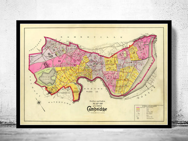 Old Map of Cambridge Massachusetts 1890 Vintage Map  | Vintage Poster Wall Art Print |