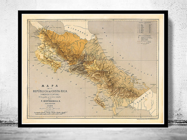 Old Map of Costa Rica 1889 - fine reproduction  | Vintage Poster Wall Art Print |