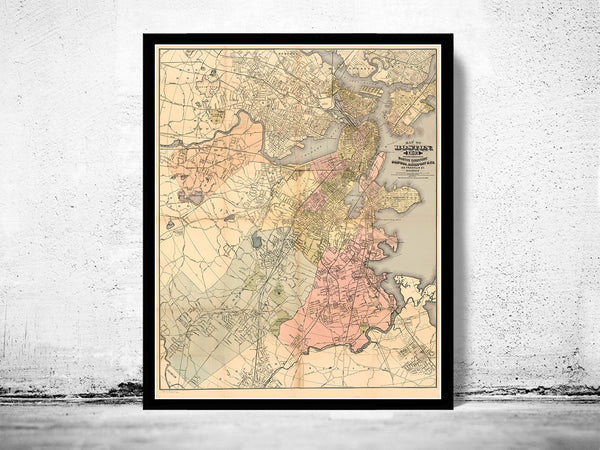 Old Map of Boston 1883 Massachusetts  | Vintage Poster Wall Art Print |