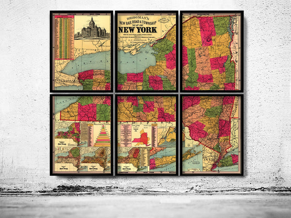 Old Map of New York State 1896 - 6 PIECES  | Vintage Poster Wall Art Print |