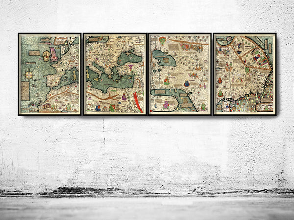 Medieval Catalan World Map 1375 Europe, Mediterranean Sea and Middle East  | Vintage Poster Wall Art Print | Vintage World Map