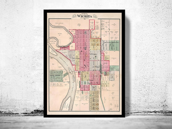 Old map of Wichita City Kansas 1882 Vintage Map  | Vintage Poster Wall Art Print |