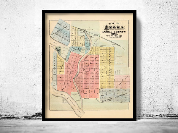 Old map of Anoka Minnesota 1874  | Vintage Poster Wall Art Print |