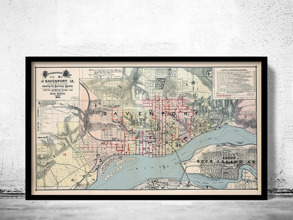 Old map of Davenport Iowa 1894  | Vintage Poster Wall Art Print |