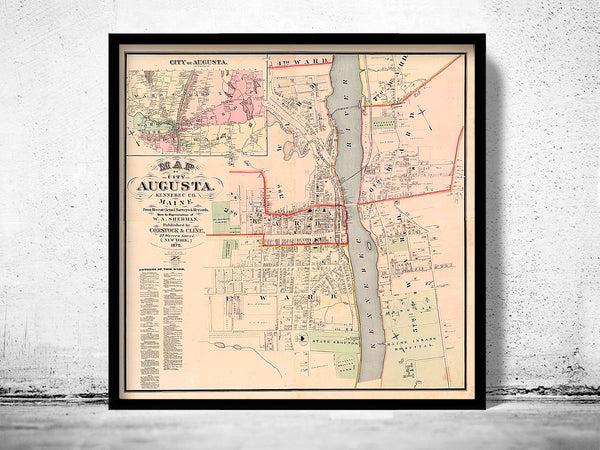 Old Map of Augusta City Maine Plan 1875  | Vintage Poster Wall Art Print |