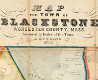 Old Map of Blackstone Worcester County Massachusetts 1854