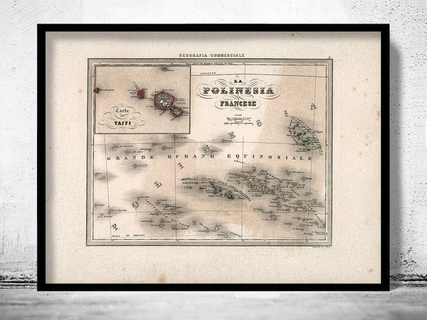 Old Map of French Polynesia 1858 Vintage Map | Vintage Poster Wall Art Print |