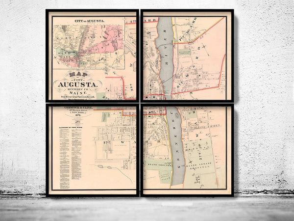 Old Map of Augusta City Maine Plan 1875 (FOUR PLATES) Antique map of Augusta