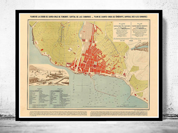 Old Map of Santa Cruz Tenerife Canary Islands 1880  | Vintage Poster Wall Art Print |