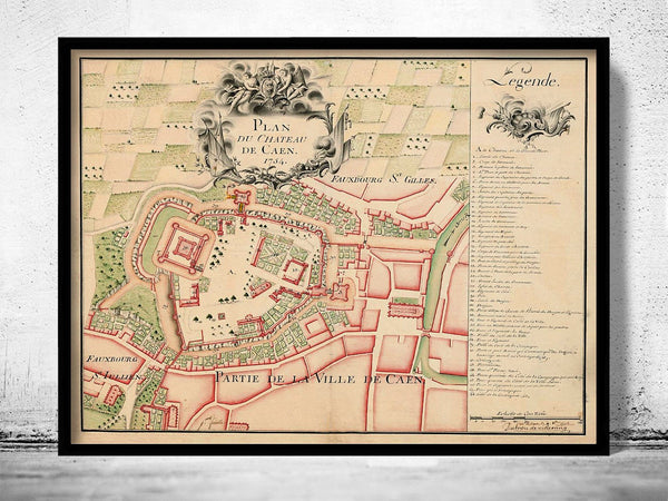 Old Map of Caen France 1754 Antique map  | Vintage Poster Wall Art Print |