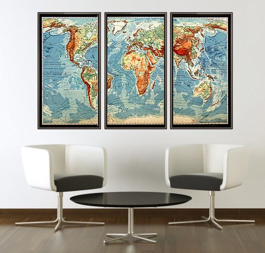 Old Map of the World 1950 Vintage Atlas Mercator projection (3 pieces)